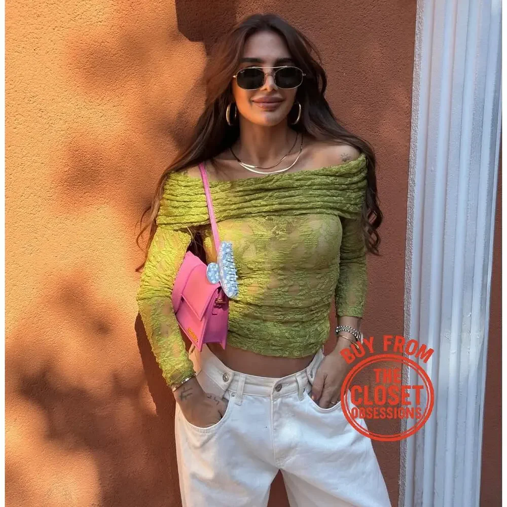Zara NWT Pistachio Green Off Shoulder Lace Mesh Top M